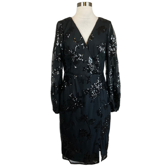 Adrianna Papell Sequined Long Sleeve Sheath Black Size 8 V-Neck Side Slit - Picture 1 of 12